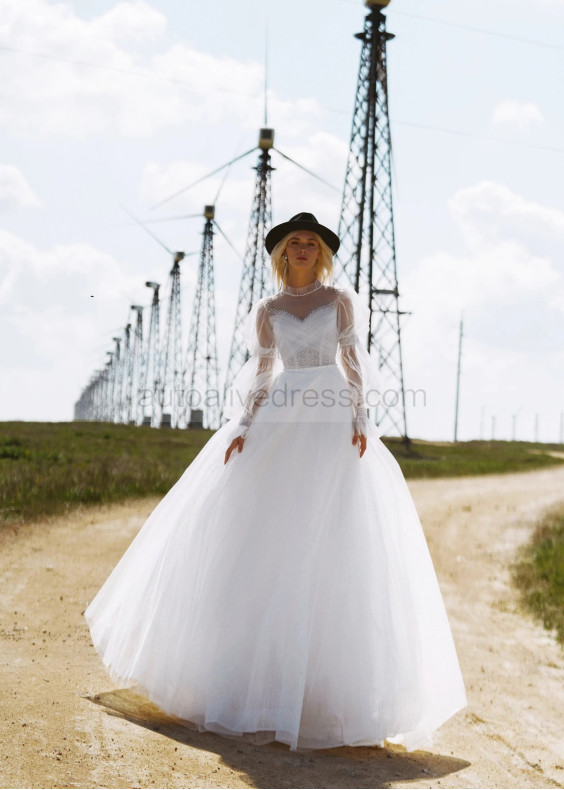 Long Sleeves Beaded White Tulle Bohemian Wedding Dress